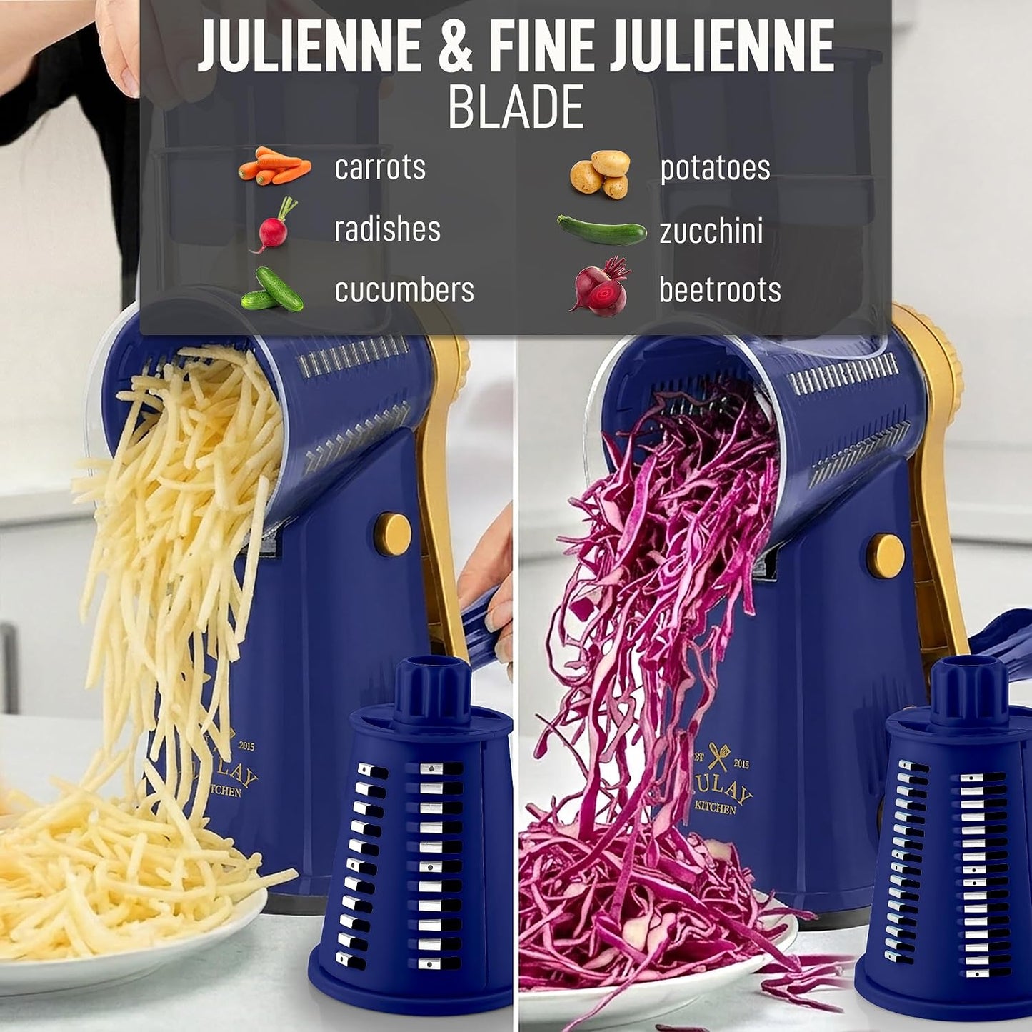 Zulay Kitchen Rotary Cheese Grater 5 Blade Cheese Shredder - Manual Hand Crank Cheese Grater With Reinforced Suction & 5 Interchangeable Drums - Easy to Use, Vegetable Chopper Round Mandoline Slicer - Colors A