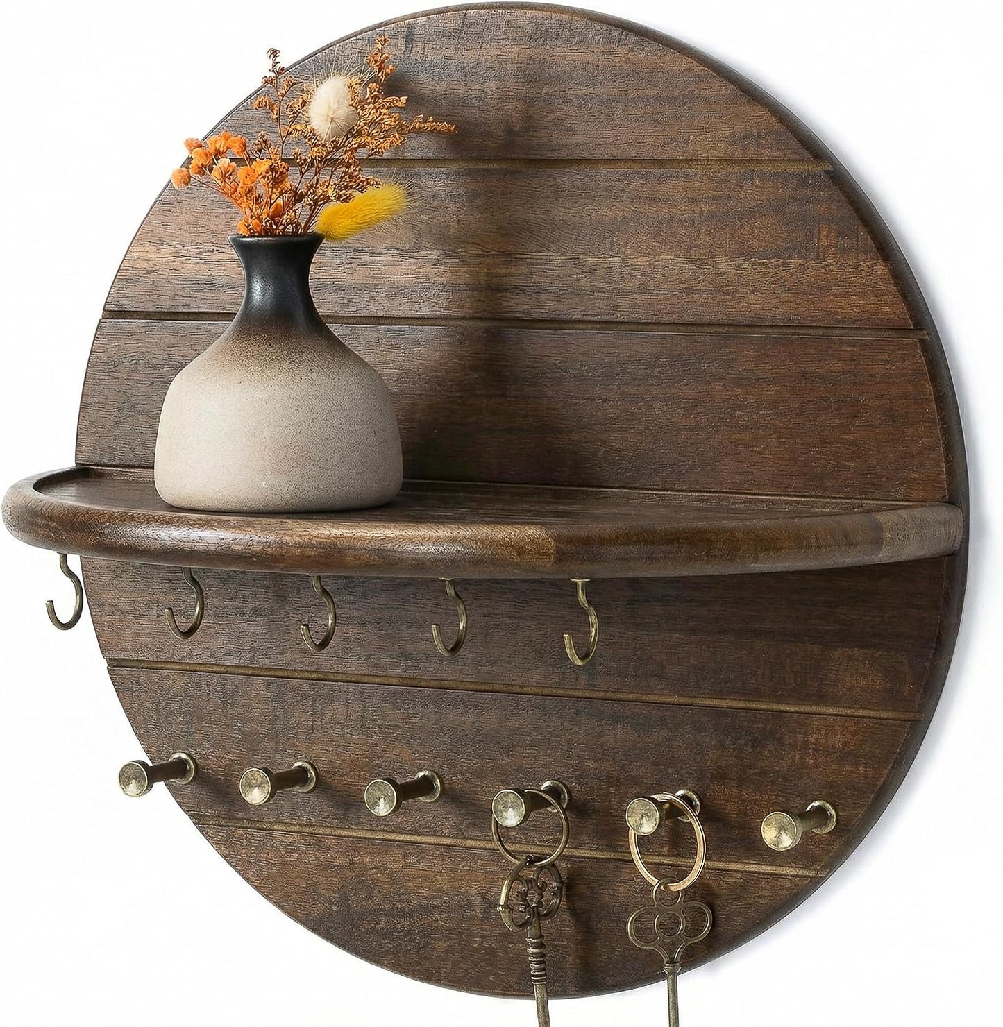 Rebee Vision Pine Wood Round Key Holder Wall Mount for Home Decor, Brown | Round Corner, Key Hooks for Dog leashes & Sunglasses, Display Shelf for Plant & Letters, Mail Organizer, Home Essentials