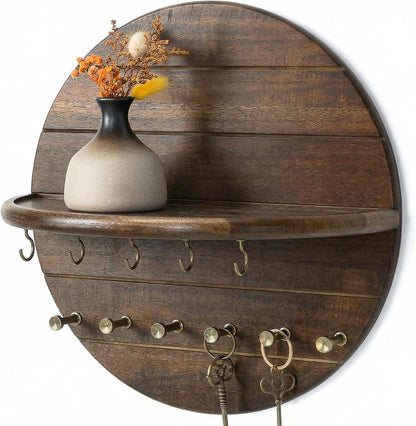 Rebee Vision Pine Wood Round Key Holder Wall Mount for Home Decor, Brown | Round Corner, Key Hooks for Dog leashes & Sunglasses, Display Shelf for Plant & Letters, Mail Organizer, Home Essentials