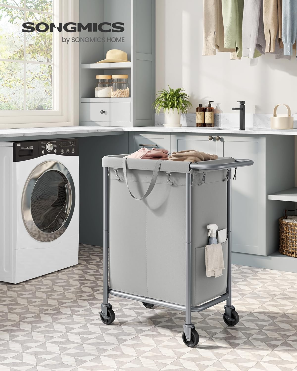 SONGMICS Laundry Basket with Wheels, 4-Section Rolling Laundry Hamper, 68.6 Gallons (260 L), Removable Liner, Steel Frame with Handle, 43.3 x 15.4 x 31.9 Inches, Cream White URLS014W01