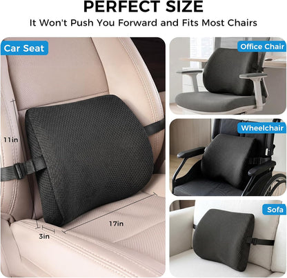 Lumbar Support Pillow for Car & Office Chair - High-Density Memory Foam Back Cushion for Sciatica & Lower Back Pain Relief - Non-Slip Support for Long Commutes & Desk Workers (Black)
