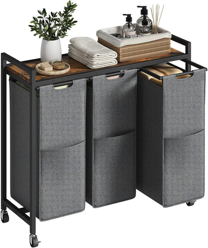 HOOBRO Laundry Sorter 3 Section, Laundry Hamper with Wheels, 3 × 11.5 Gal (43.4L), Rolling Laundry Basket, Pull-Out and Removable Oxford Fabric Laundry Bags, Rustic Brown and Grey BFG76XY01