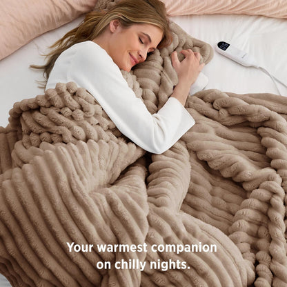 Bedsure Heated Blanket Electric Throw - Thick Striped Fast Heating Electric Blanket with Preheat Function, 6 Heat & 6 Timer (Up to 10H), 8H Auto Off, ETL Certified, Gifts for Women (50"x60", White)