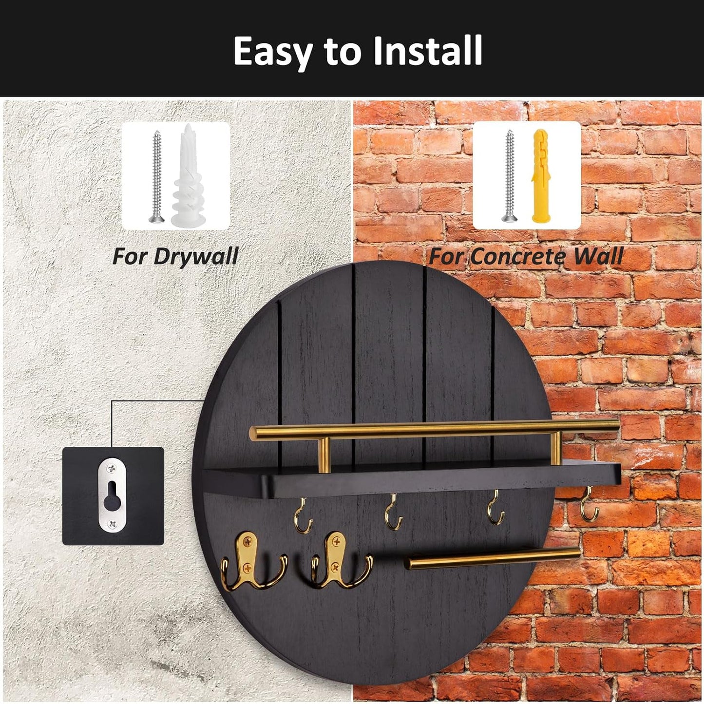 Nekon Key Holder Wall Mount, 11.8” Wood Mail Organizer for Wall, Brown | Round Wall Shelf with 6 Key Hooks, Rustic Key and Mail Holder, Key Hanger for Entryway Hallway Kitchen