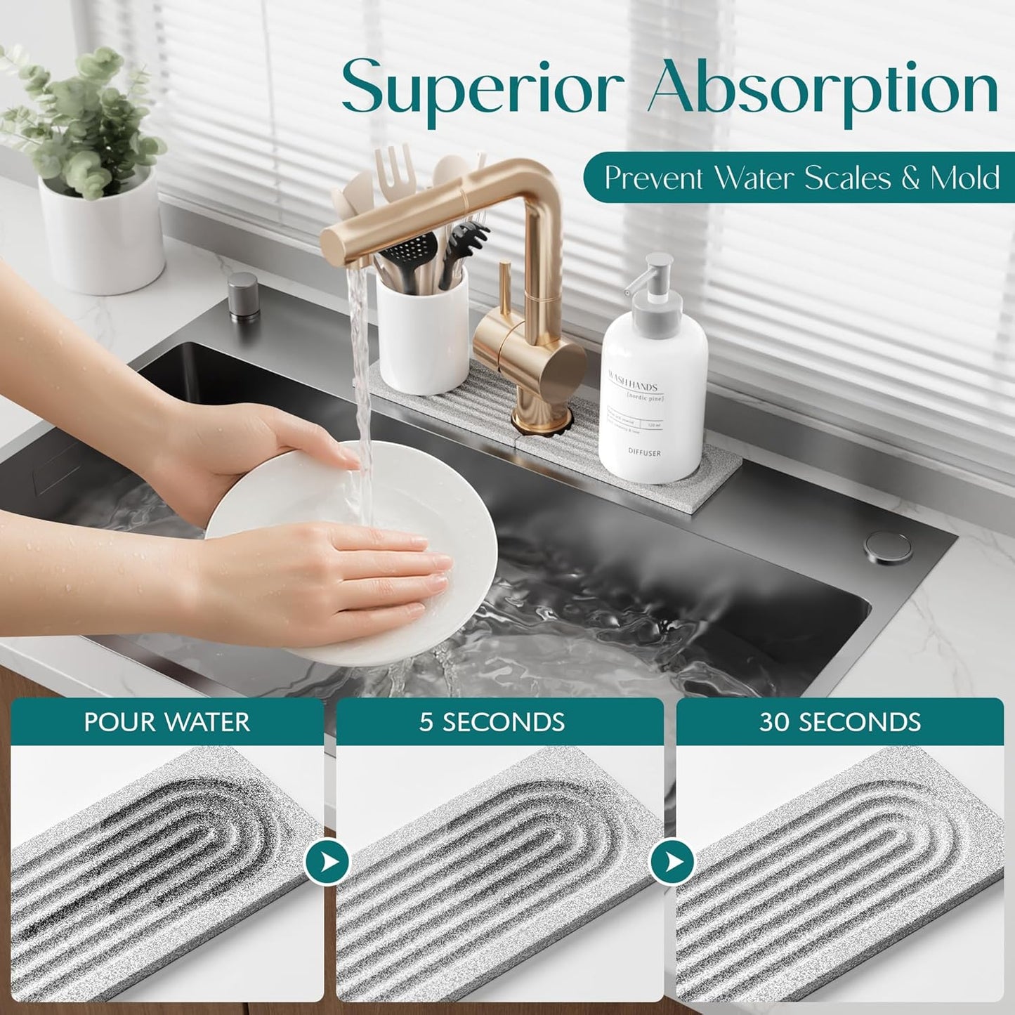 Stone Faucet Mat for Kitchen Sink – Diatomite Drying Stone Mat & Sink Protector, Prevents Moisture – Sink Splash Guard Water-Absorbing Stone Tray for Bathroom Counter (Light Grey, 20" x 3.9")