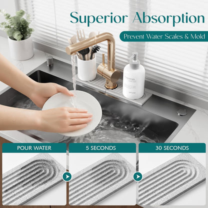 Stone Faucet Mat for Kitchen Sink – Diatomite Drying Stone Mat & Sink Protector, Prevents Moisture – Sink Splash Guard Water-Absorbing Stone Tray for Bathroom Counter (Light Grey, 20" x 3.9")