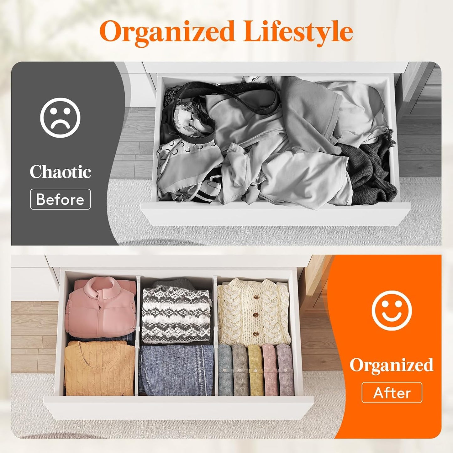 Lifewit 8" Tall Drawer Dividers, Adjustable Deep Drawer Organizer Clothes | 4 Pack 13.8"-22.2" Expandable White Plastic Separators for Dresser, Kitchen, Cabinet, Closet, Office Organization & Storage
