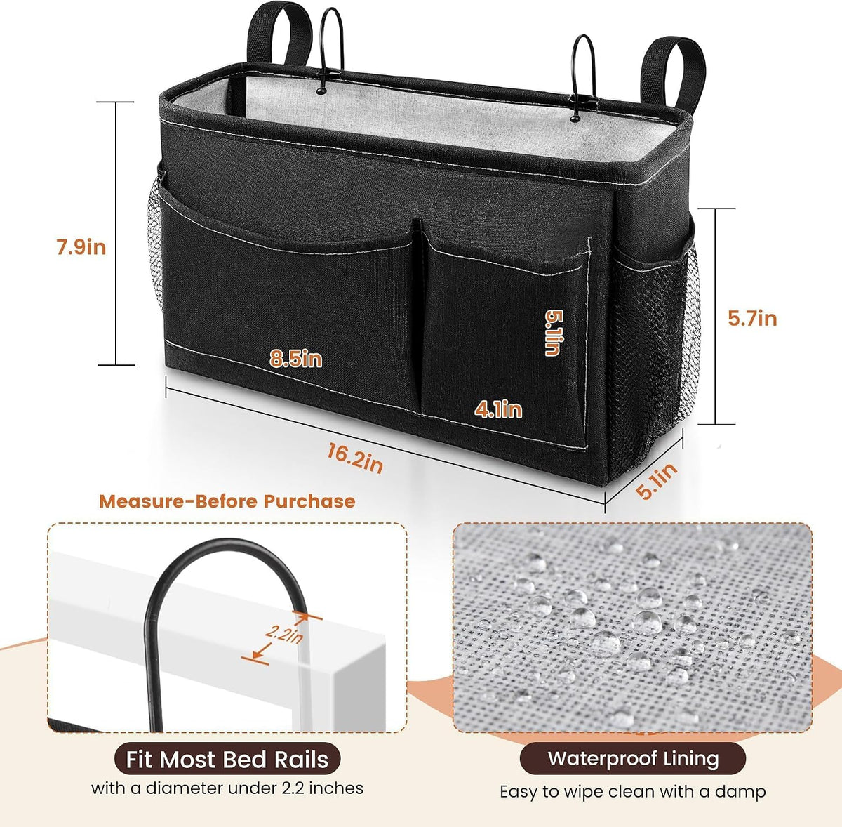 Fab totes Bedside Caddy for Dorm Bed, Bedside Storage Bag Hanging Organizer