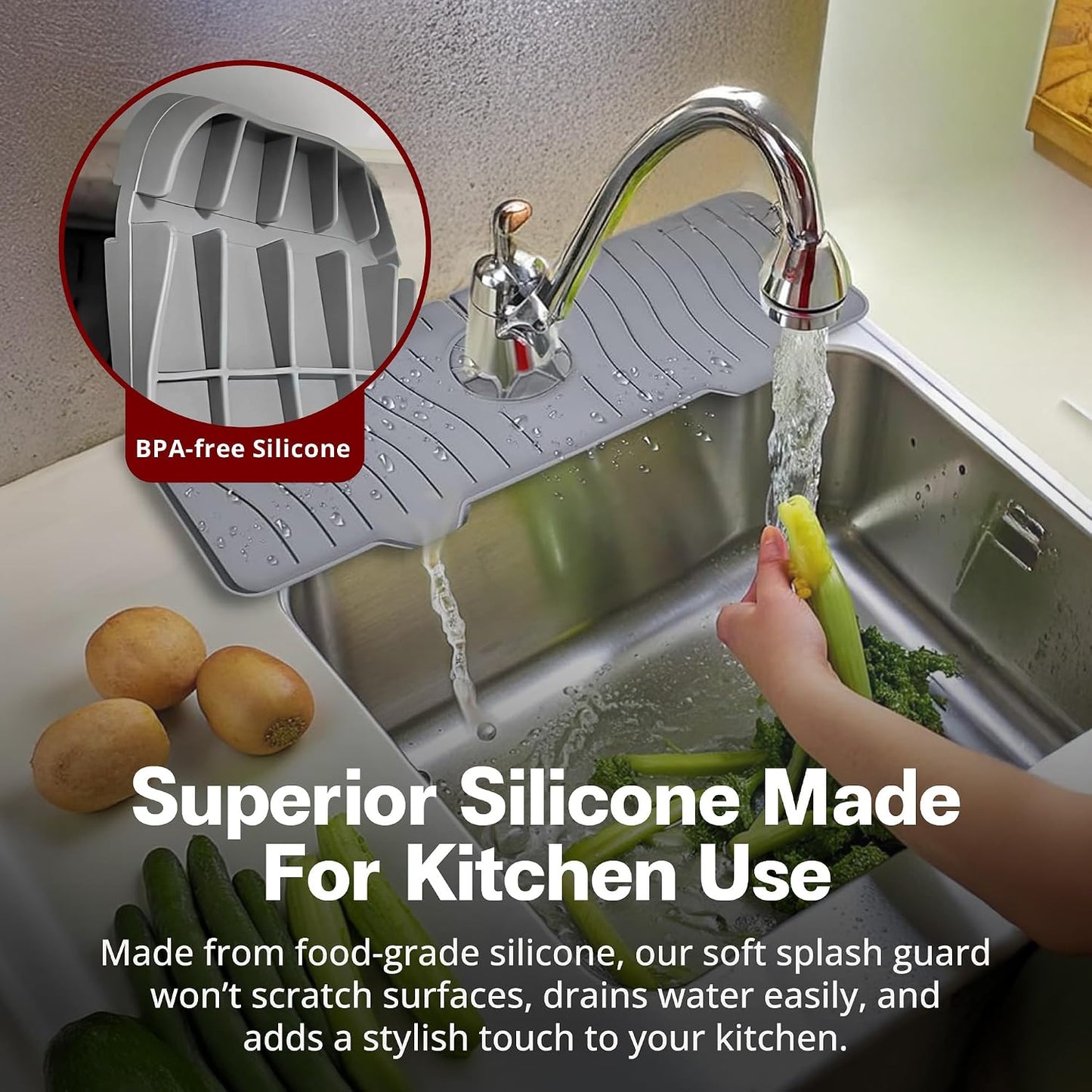 ODRAGO Silicone Kitchen Sink Splash Guard - 24.01 Inch Faucet Mat for Kitchen Sink Water - Longer Faucet Handle Drip Catcher Tray-Sink Guard for Kitchen Sink (Grey)