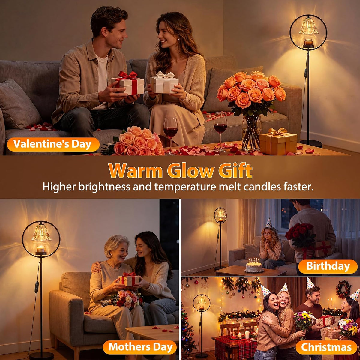 Candle Warmer Lamp with Timer & Dimmer, Black Candle Warmer Light for Jar Candles, Birthday Gifts for Women Mom Her, 50W Candle Floor Lamp for Wax Melt Warmer Modern Room Decor Light for Home(2 Bulbs)