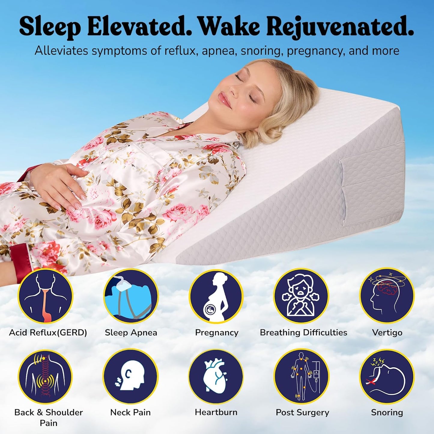 12" Bed Wedge Pillow for GERD, Acid Reflux, Sleep Apnea, Snoring | Cooling 3" memory foam top and cover for side sleepers, post-surgery, back support and leg elevation U-shaped easy-off/on zip