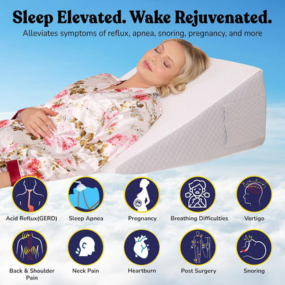 12" Bed Wedge Pillow for GERD, Acid Reflux, Sleep Apnea, Snoring | Cooling 3" memory foam top and cover for side sleepers, post-surgery, back support and leg elevation U-shaped easy-off/on zip