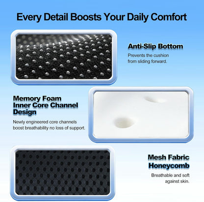 Ergonomic Memory Foam Seat Cushion Hemorrhoid Pillow for Hip Sciatica and Tailbone Pain Relief for Office Chair Car and Home (Black)