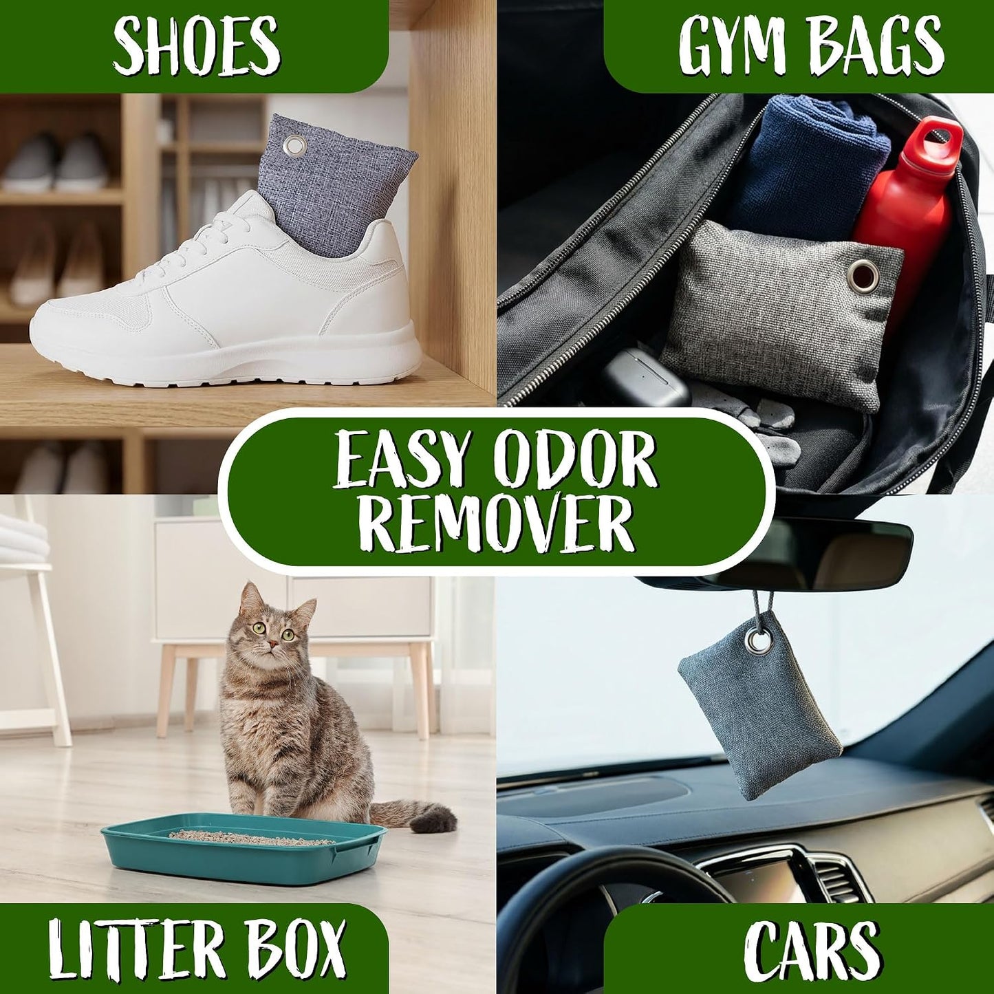 100g Bamboo Charcoal Bags (Pack of 10 Bags) - Activated Charcoal Odor Absorber - Reusable Bags for Homes, Cars, Closets, & Shoe Odor - Absorbs Odors & Moisture - Organic Sustainable Room Air Freshener