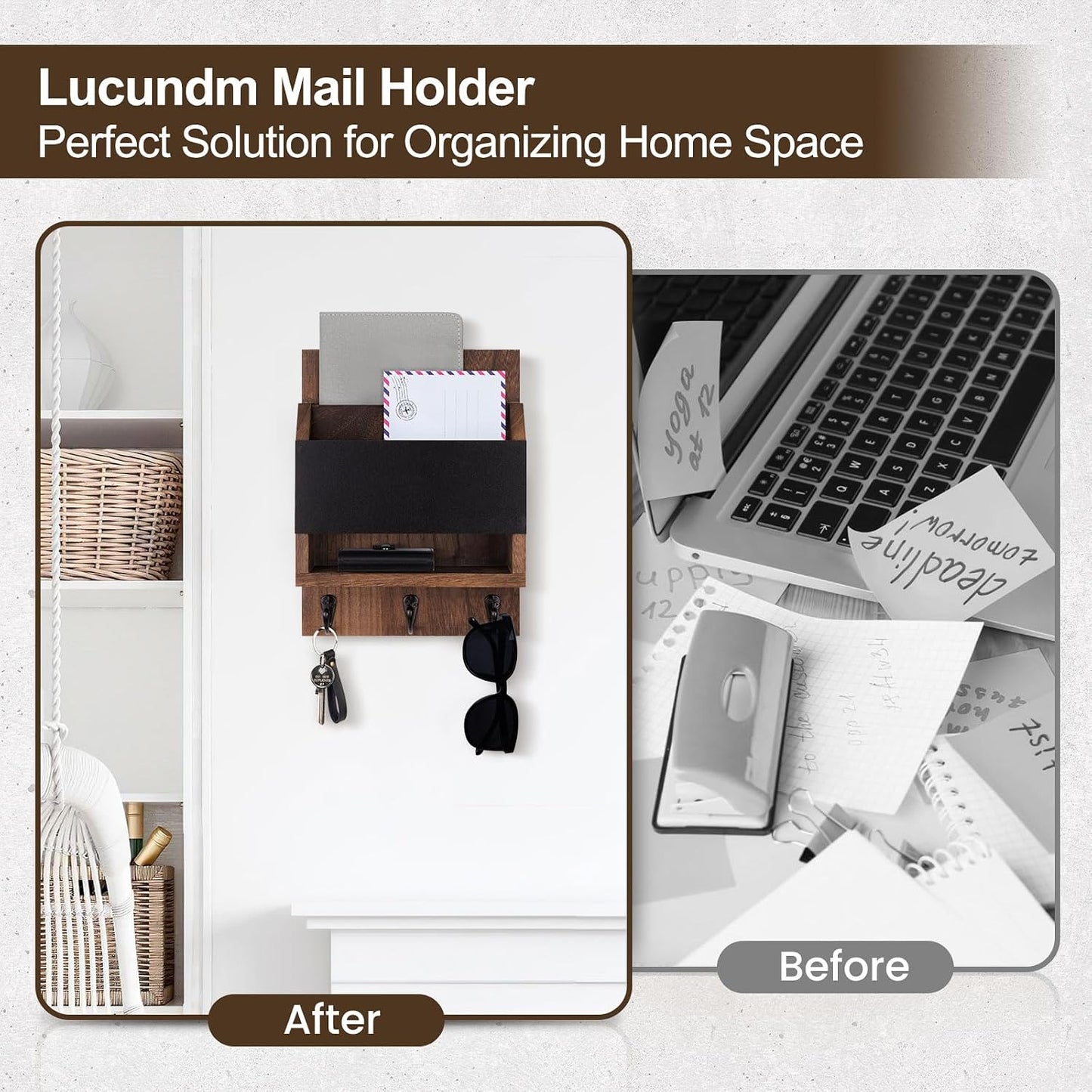 Key and Mail Holder for Wall with Chalkboard and Long Storage Box | Key Holder, Key Hanger with 3 Sturdy Hooks for Coat, Dog Leash, Entryway Mail Organizer