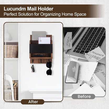 Key and Mail Holder for Wall with Chalkboard and Long Storage Box | Key Holder, Key Hanger with 3 Sturdy Hooks for Coat, Dog Leash, Entryway Mail Organizer