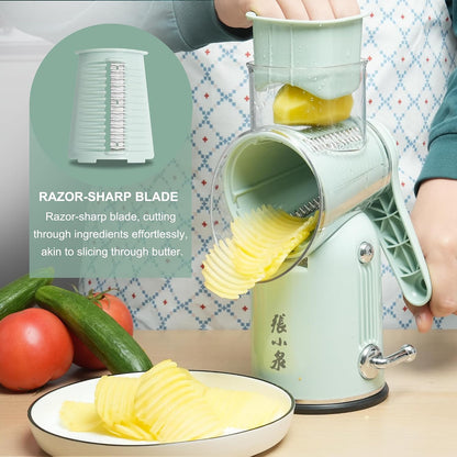 Rotary Cheese Grater Manual Hand Crank with 5 Blades & Suction Base, Kitchen Vegetable Shredder Slicer for Veggie, Nuts, Fruit, Cream