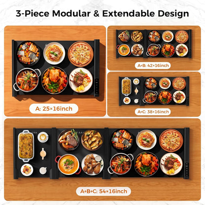 3-in-1 Expandable Warming Mat for Food, 7 Temp & 6H Timer, 54" x 16", Gray