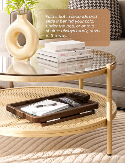 HOLANA 13.75" Acacia Sofa Arm Tray Table, Double Hinge, Natural Wood Color | Solid Acacia Wood, Spacious Surface, Clips Securely with Double-hinge Grip, Foldable & Portable, Multipurpose, No Assembly