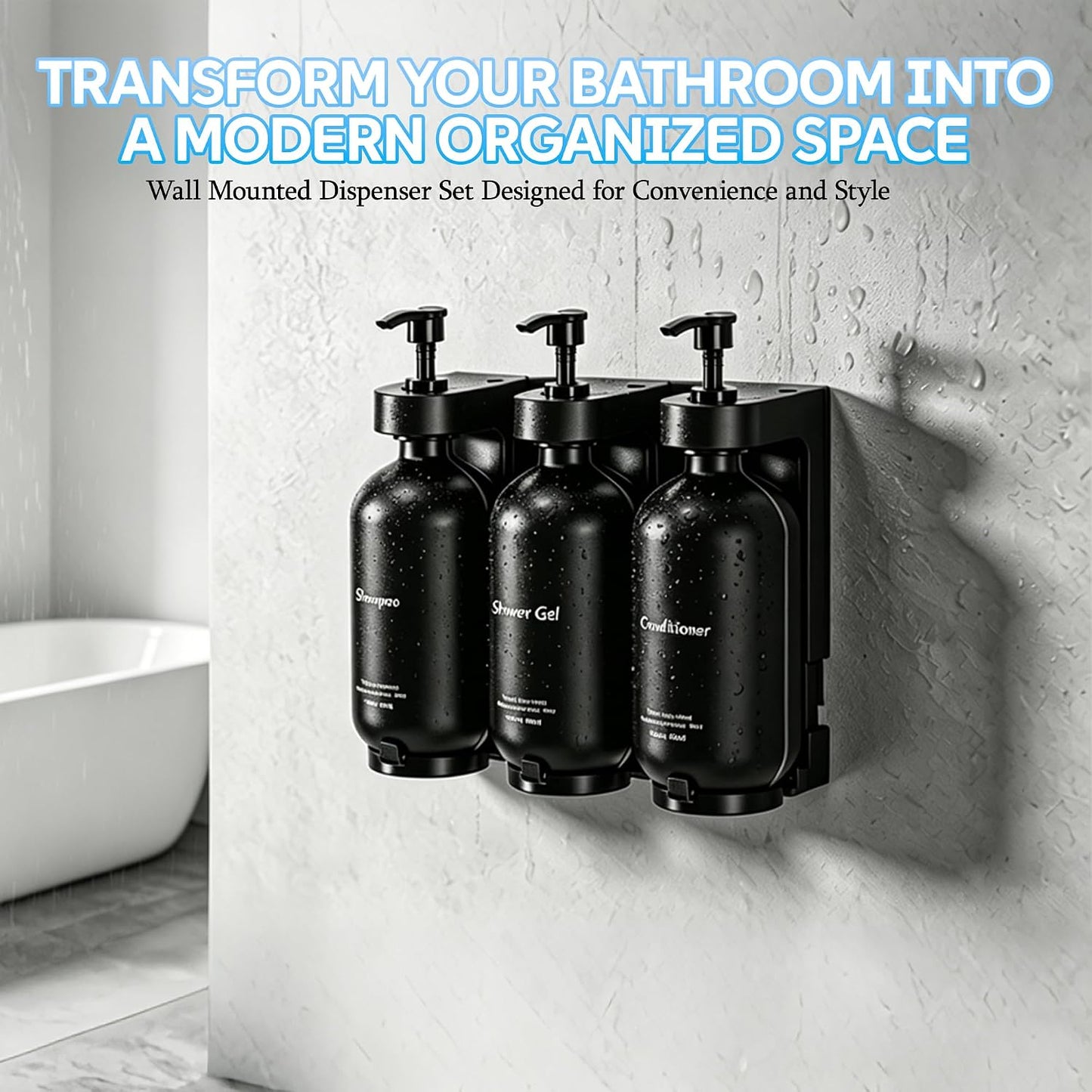 Shampoo and Conditioner Dispenser, Wall-Mounted 3-Bottle Set | 3 Refillable PET Bottles with Waterproof Labels, Adhesive and Screws for Bathrooms, Showers, Hotels, Vacation Rentals and RVs
