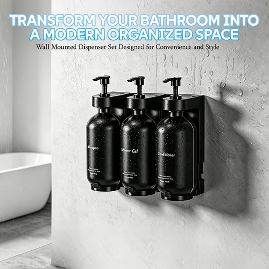 Shampoo and Conditioner Dispenser, Wall-Mounted 3-Bottle Set | 3 Refillable PET Bottles with Waterproof Labels, Adhesive and Screws for Bathrooms, Showers, Hotels, Vacation Rentals and RVs