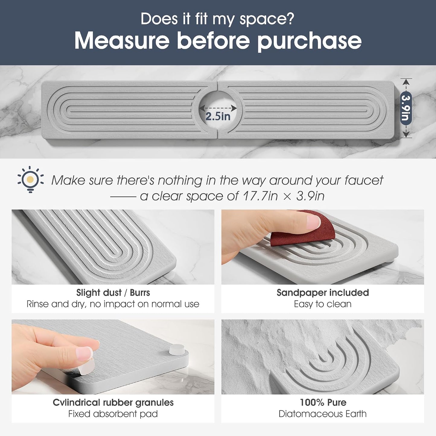 Quick Drying Stone Faucet Mat for Kitchen Sink - Diatomite Sink Mat Absorbing Stone Tray for Bathroom Counter, Sink Faucet Splash Guard Water Protector Matt for Kitchen Counter(White, 14" x 3.9")