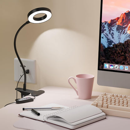 Foneso Desk Lamp Clip on Light, 48 LED USB Lamp with 3 Color Modes 10 Brightness Levels, 360° Flexible Gooseneck Eye Protection Bed Night Light for Reading, Makeup, Craft (Black)