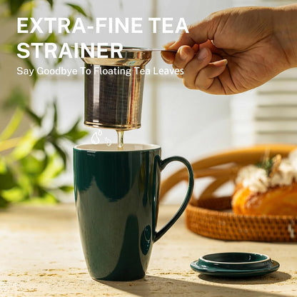 Sweese 15oz Porcelain Tea Mug with Infuser and Lid – Microwave Safe, Ergonomic Handle, Lead-Free Glaze, for Loose Leaf Tea