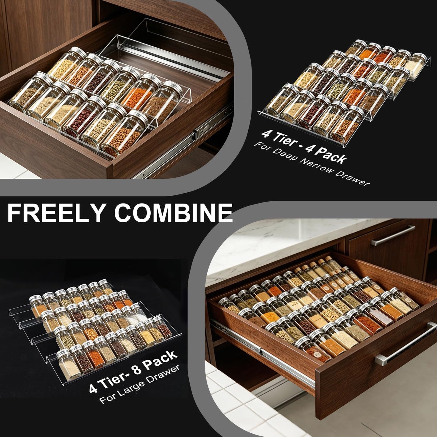 Expandable Acrylic Spice Drawer Organizer – 4-Tier Clear Seasoning Rack Insert for Kitchen Drawers, Adjustable from 9" to 18", Fits Most Spice Jars (Jars Not Included) 8-Pack