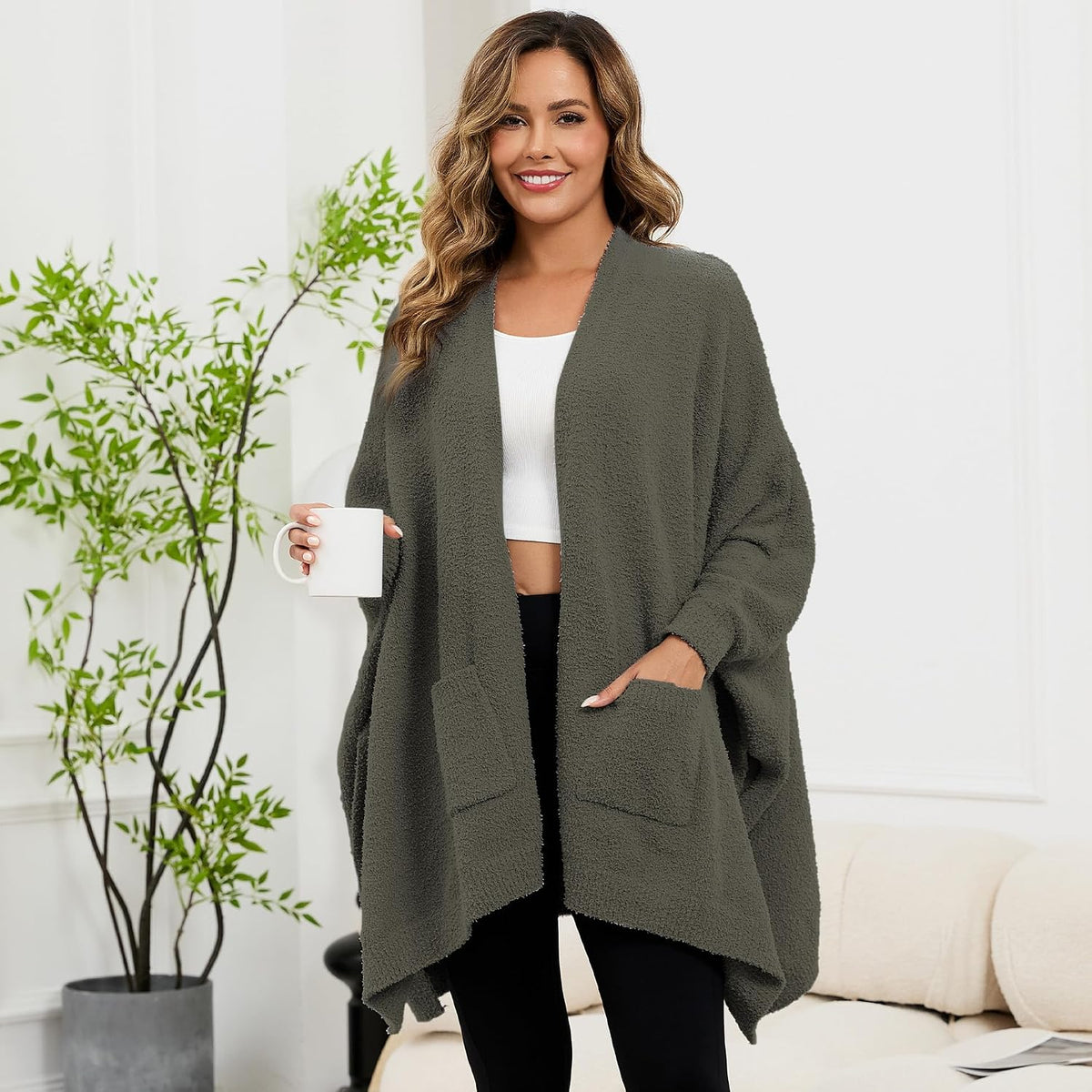 Wearable Blanket Sherpa Poncho Unique Office Work Warm Cozy Shawl TV Throw Blankets, Plush Cape Wrap for Adults