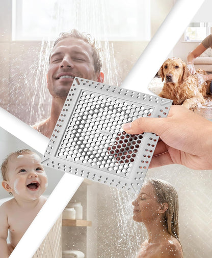 Square Shower Drain Hair Catcher, Anti-Clogging, Gray, 4 inch | Fast Drainage, Anti-Slip & Stays in Place, Stainless Steel & TPE Material, Easy Clean Fits Bathroom Hair Catcher for Shower