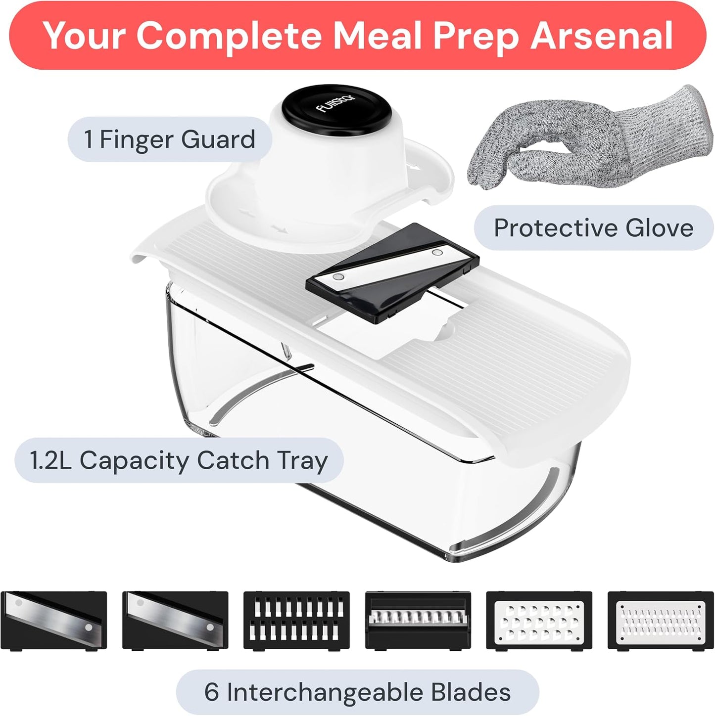 Fullstar Pro Mandoline Vegetable Slicer, Grater & Spiralizer with Container | 6 in 1 Fruit Cutter, Cheese Grater & Spiralizer with Safety Gloves, Stainless Steel Blades & Container (Black)