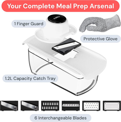 Fullstar Pro Mandoline Vegetable Slicer, Grater & Spiralizer with Container | 6 in 1 Fruit Cutter, Cheese Grater & Spiralizer with Safety Gloves, Stainless Steel Blades & Container (Black)