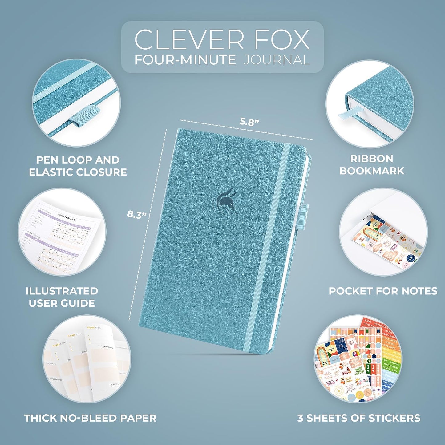 Clever Fox 4 Minute Journal, Guided Daily Habit Tracker Aquamarine | 5.8”x8.3” Motivational mental health notebook with positive prompts, Simple journaling for women, men, teens, boy & girls