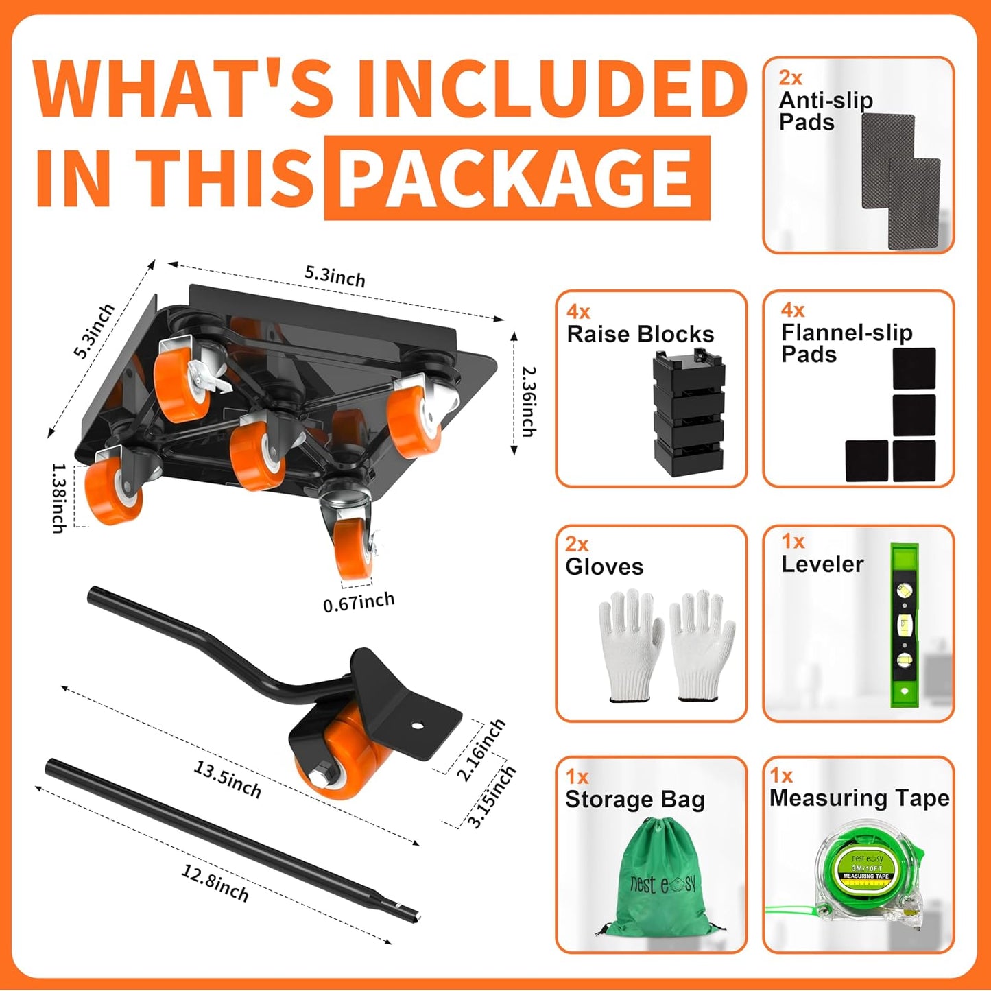 Heavy Duty Furniture Dolly 360 Rotate 5 Wheels 3000 Lbs Capacity 5.3x5.3 in | Furniture Movers with Green Wheels, Measure Tape & Leveler, Alloy Steel Furniture Lifter Tool for Smooth Home & Office Uses