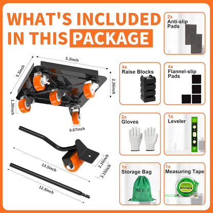 Heavy Duty Furniture Dolly 360 Rotate 5 Wheels 3000 Lbs Capacity 5.3x5.3 in | Furniture Movers with Green Wheels, Measure Tape & Leveler, Alloy Steel Furniture Lifter Tool for Smooth Home & Office Uses