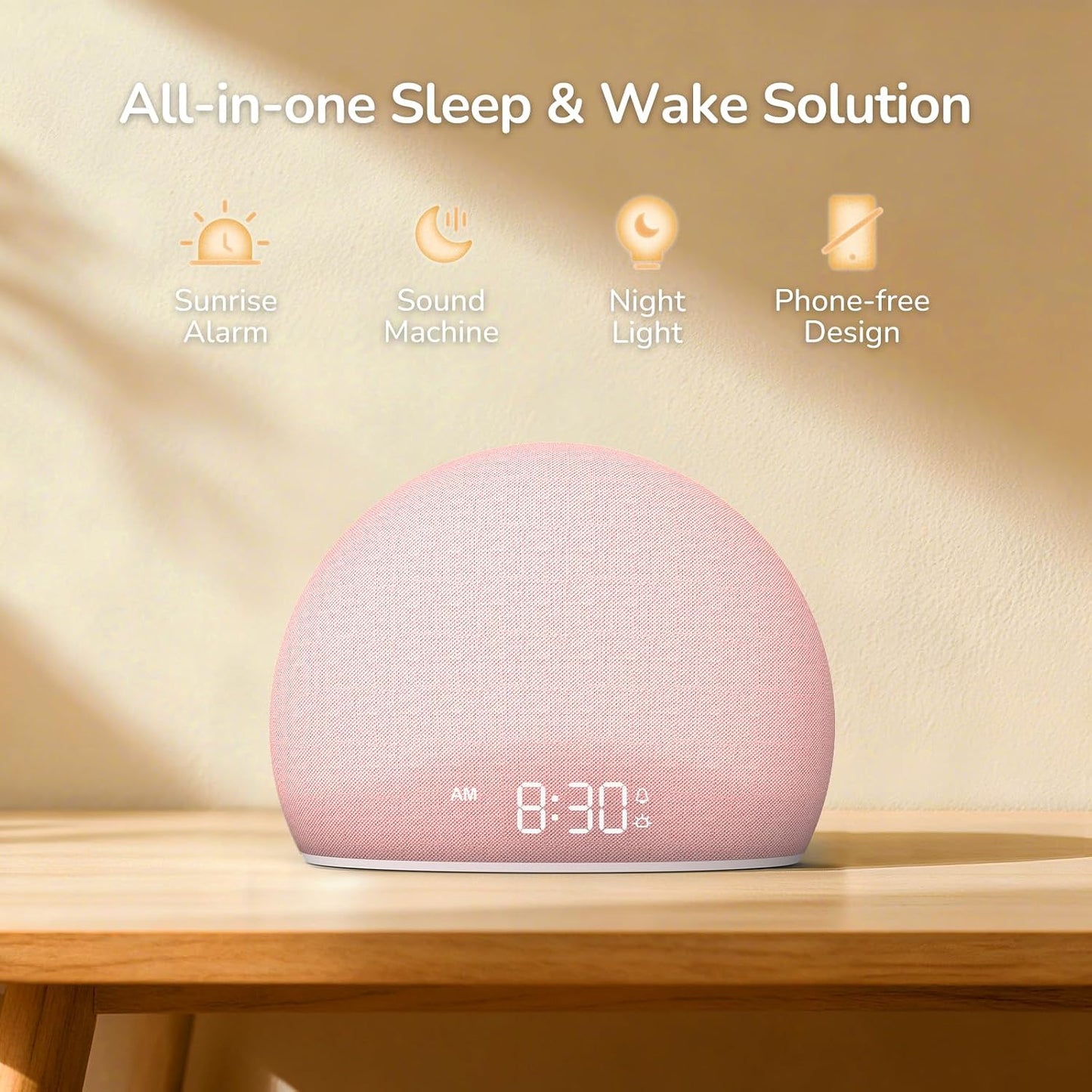 HOUSBAY Sunrise Alarm Clock with White Noise Sound Machine for Bedroom | Wake-Up Light, 5 Gentle Alarm Sounds, 20 Soothing Sleep Sounds, Dimmable Display, Phone-Free Bedside Clock - Pink