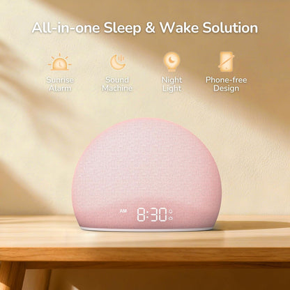 HOUSBAY Sunrise Alarm Clock with White Noise Sound Machine for Bedroom | Wake-Up Light, 5 Gentle Alarm Sounds, 20 Soothing Sleep Sounds, Dimmable Display, Phone-Free Bedside Clock - Pink
