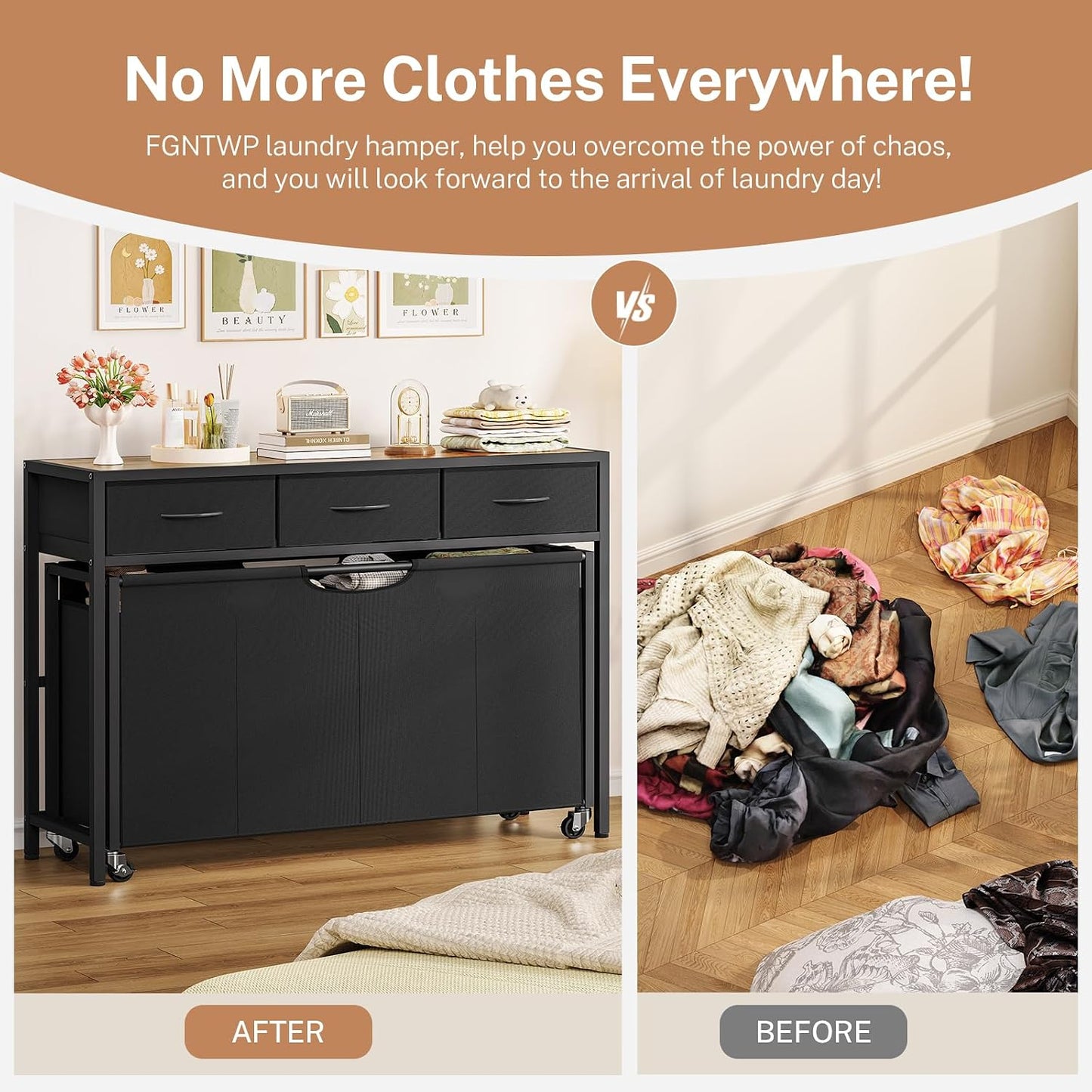 Laundry Sorter, Rolling Laundry Hamper with 3 Section Pull-Out Bags, Laundry Basket Organizer with 2 Drawers & 2-Tone Top Panel, Laundry Hamper with Wheels for Laundry Room Organization, Bathroom