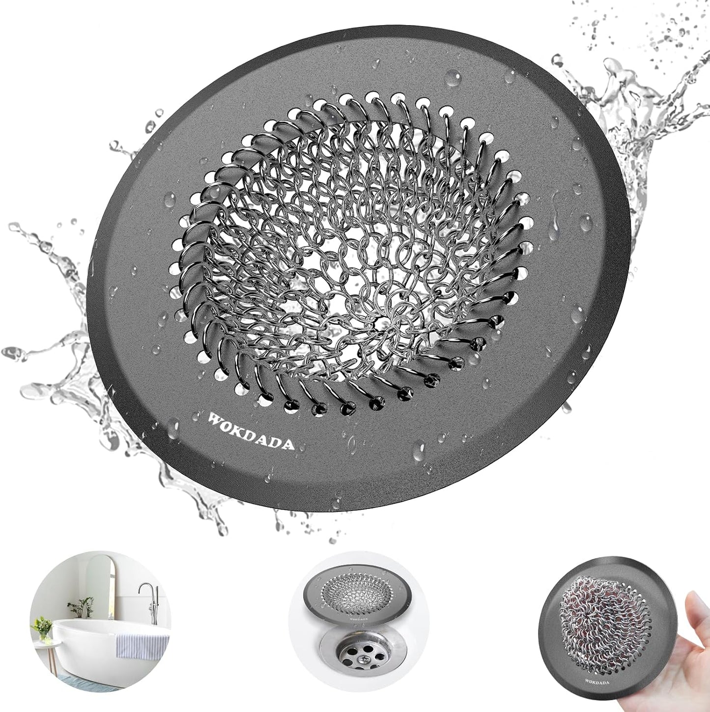 Shower Drain Hair Catcher, Patented Bathtub Drain Cover, Anti-Clog | Reversible Flip Clean, Fast Drainage, Anti-Slip Base, 304 Stainless Steel Chain Mail Mesh, 4.4" for Bathtub & Shower Drains