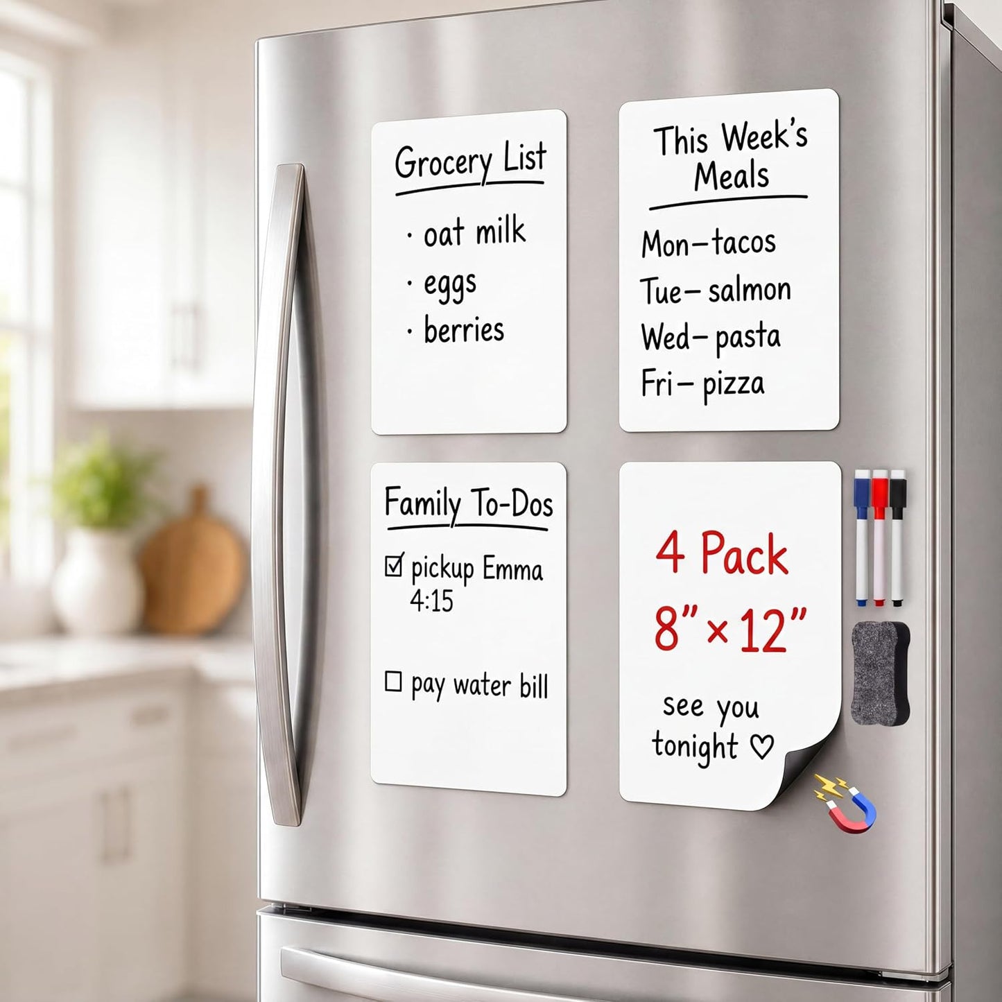 Magnetic White Board for Refrigerator Plan Weekly Menus at a Glance | Dry Erase Sheet for Meal Schedules - 12" x 8" Kitchen Command Center for Busy Moms with Magnet Backing Packed Flat