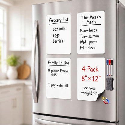 Magnetic White Board for Refrigerator Plan Weekly Menus at a Glance | Dry Erase Sheet for Meal Schedules - 12" x 8" Kitchen Command Center for Busy Moms with Magnet Backing Packed Flat