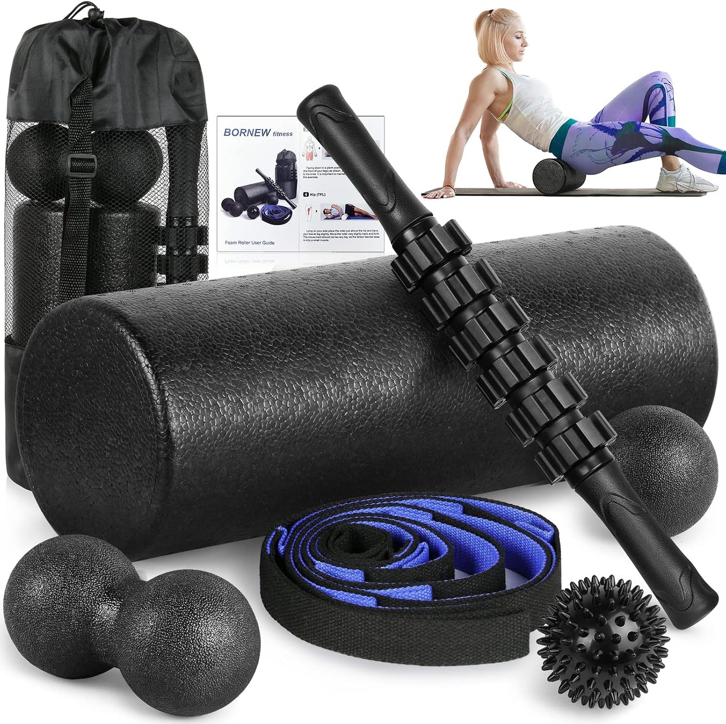 Foam Roller Set - High Density Back Roller, Muscle Roller Stick | Foot Fasciitis Ball, Stretching Strap, Massager Ball for Whole Body Physical Therapy & Exercise, Back Pain, Leg, Deep Tissue