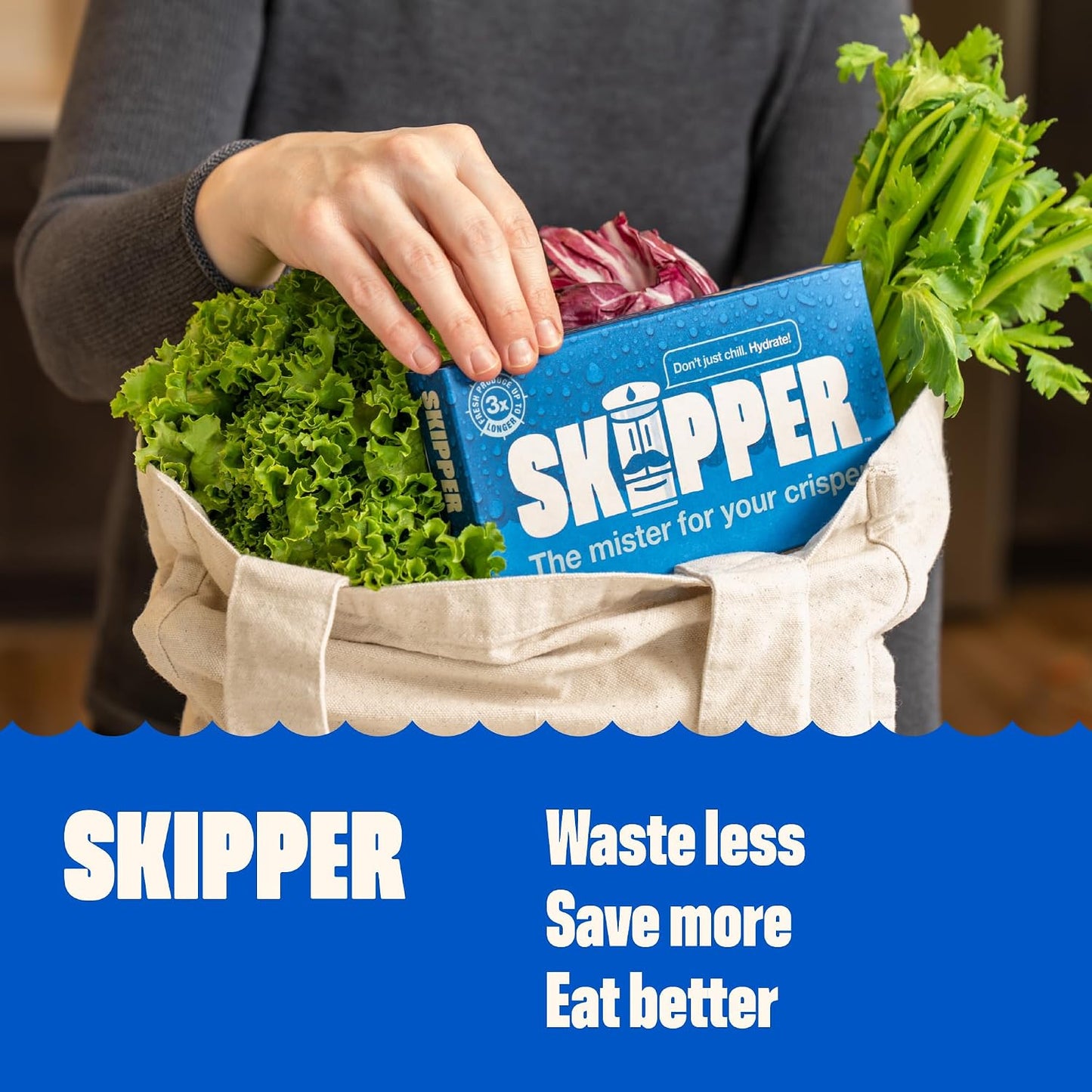 Skipper Fridge Hydration Pack | Keeps Vegetables & Herbs Fresh 3X Longer | Releases purified water vapor & uses only all-natural ingredients. Compact and easy-to-use crisper drawer pack