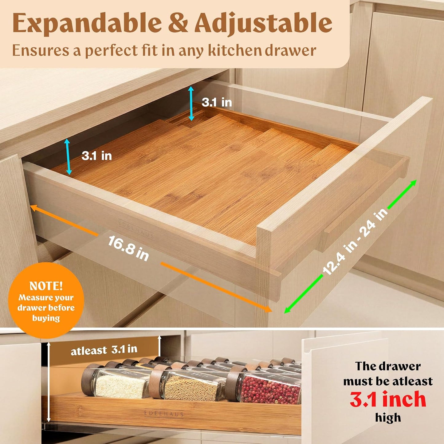 Bamboo Spice Drawer Organizer - Expandable 4 Tier Spice Rack (Need 3" Deep Drawer) 12" to 24" Wide, Seasoning Organizer, Organization Seasoning Rack insert (Jars Not Included)