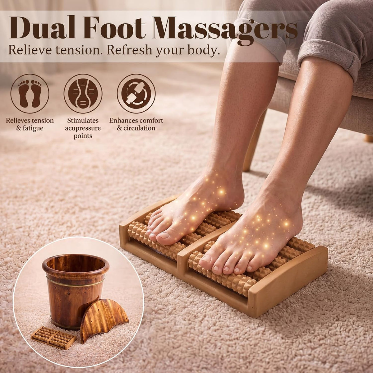 Geelin 15.75" Wooden Foot Bath Bucket with Lid & Massage Roller, Thick Insulated Spa Foot Soak for Relaxation, Massage Soles, Circulation, Elderly & Athletes, Home & Family Use