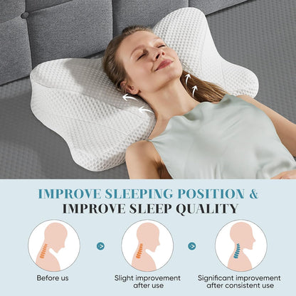Sweetcrispy Cervical Pillow for Neck and Shoulder - Ergonomic Memory Foam Pillows, Contour Side Sleeper for Adults, Cooling Orthopedic Neck Support for Back Stomach Sleepers, White