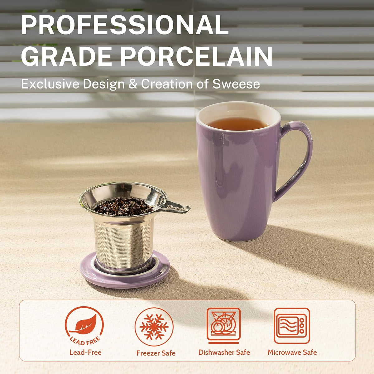 Sweese 15oz Porcelain Tea Mug with Infuser and Lid – Microwave Safe, Ergonomic Handle, Lead-Free Glaze, for Loose Leaf Tea