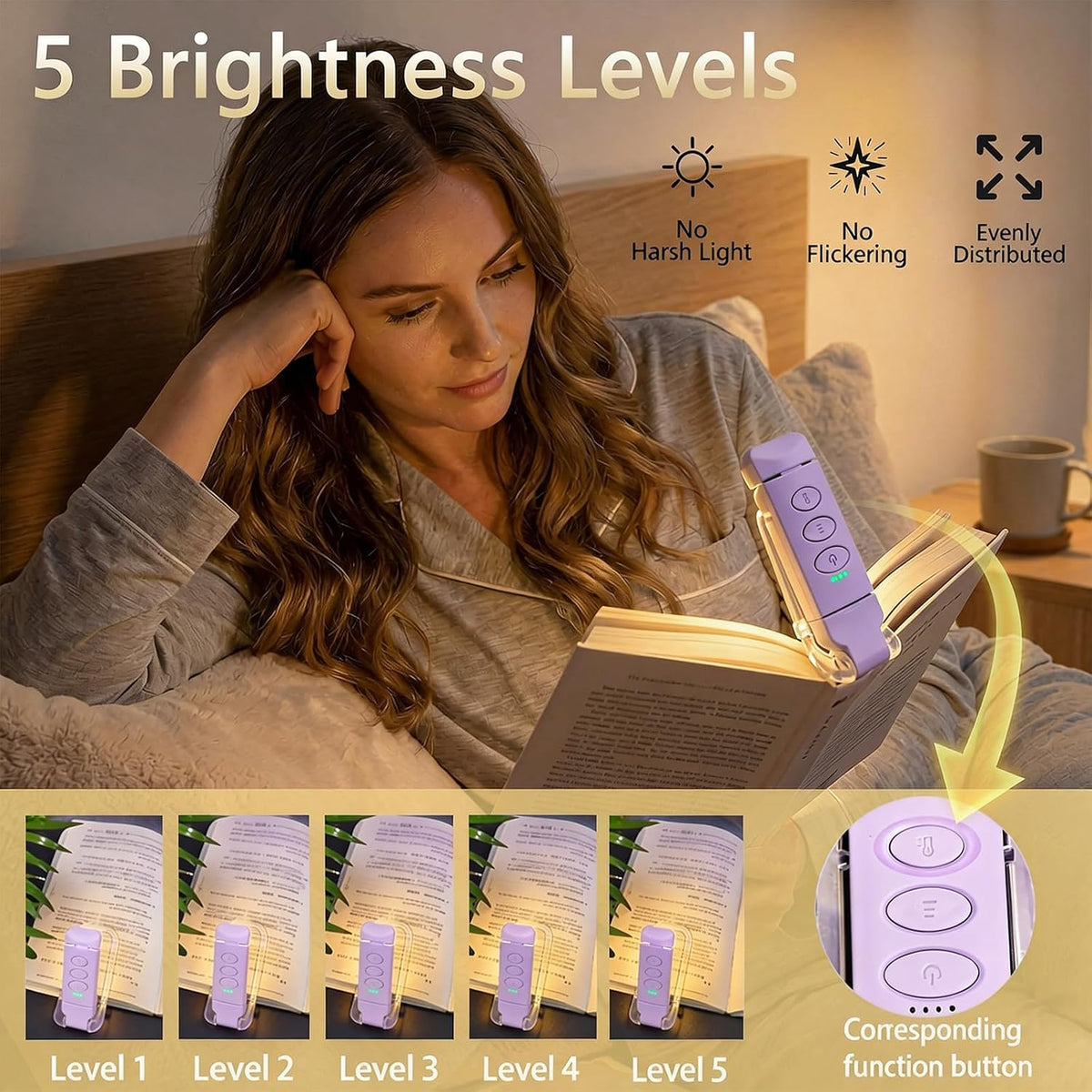 USB Rechargeable Book Light, Portable Clip-on LED Reading Light, Reading Lights for Books in Bed with 3 Amber Colors & 5 Brightness Dimmable, Compact & Long Lasting, Perfect for Book Lovers (Green)