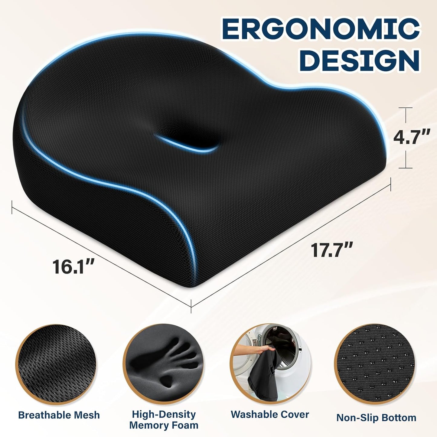 Ergonomic Memory Foam Seat Cushion for Office Chair, Black | Wheelchair Cushions for Tailbone, Hip, Sciatica Support, Soft & Breathable, Chair Pad for Long Sitting, Driving